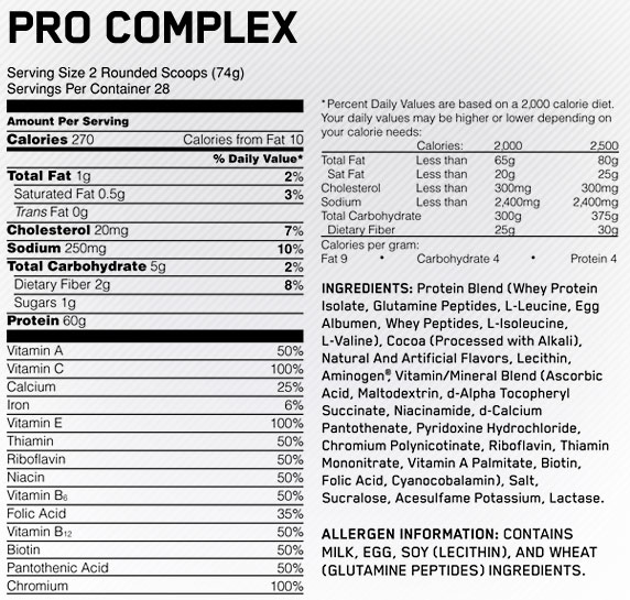 Información Nutricional de Pro Complex